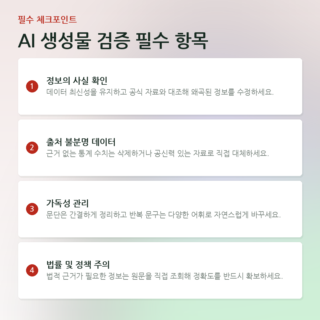 AI 생성물 검증 필수 항목 요약 카드