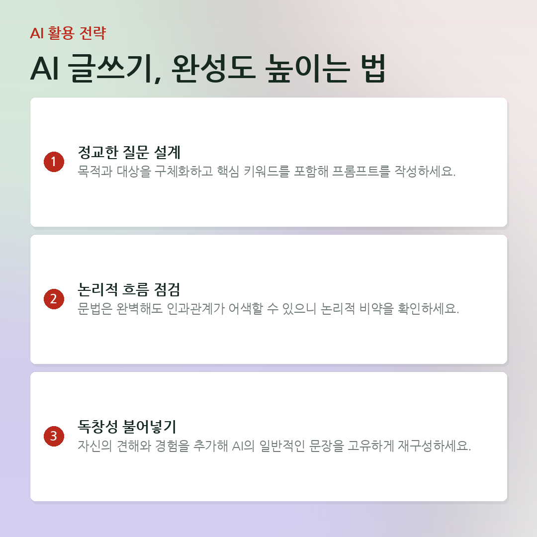 AI 글쓰기, 완성도 높이는 법 요약 카드