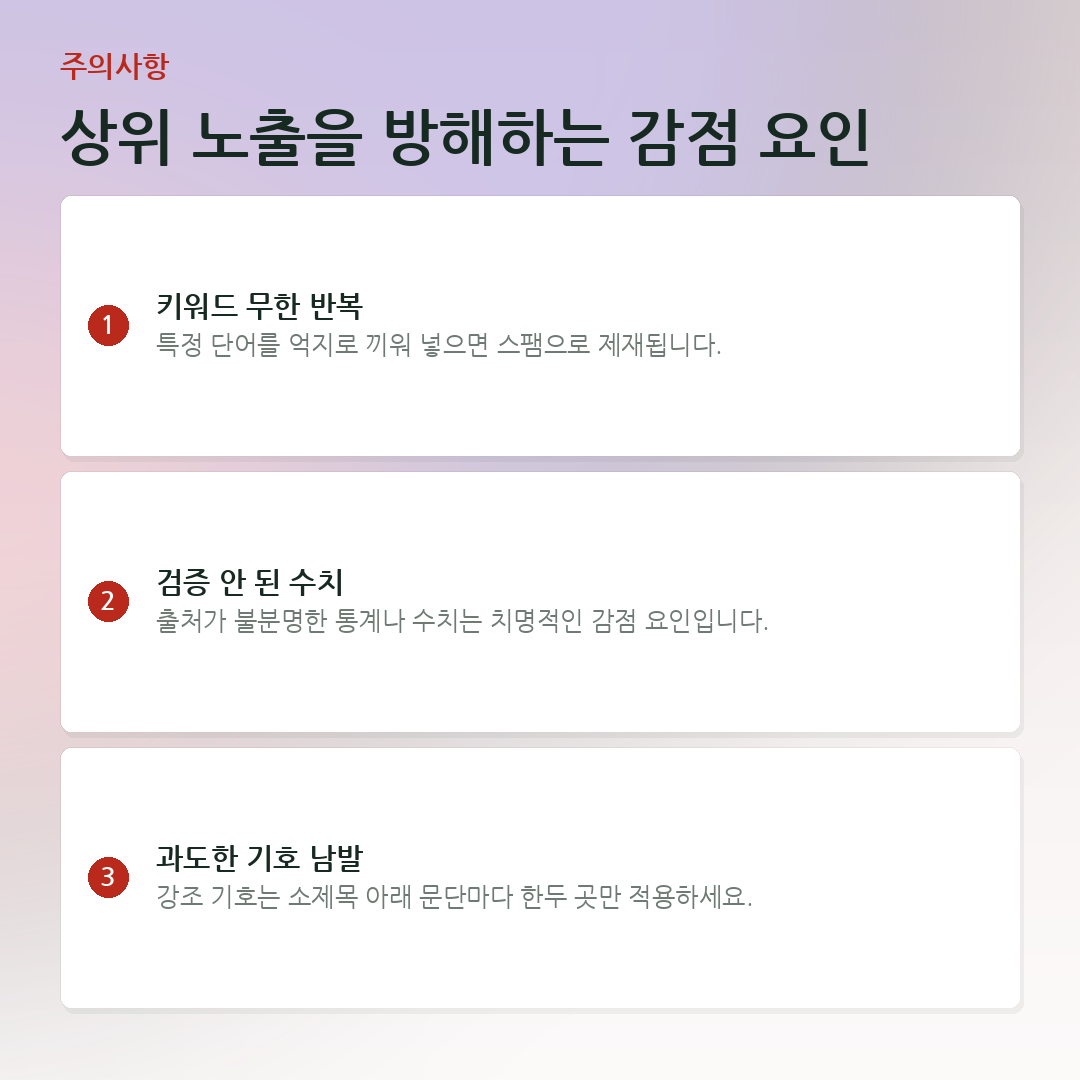 상위 노출을 방해하는 감점 요인 요약 카드
