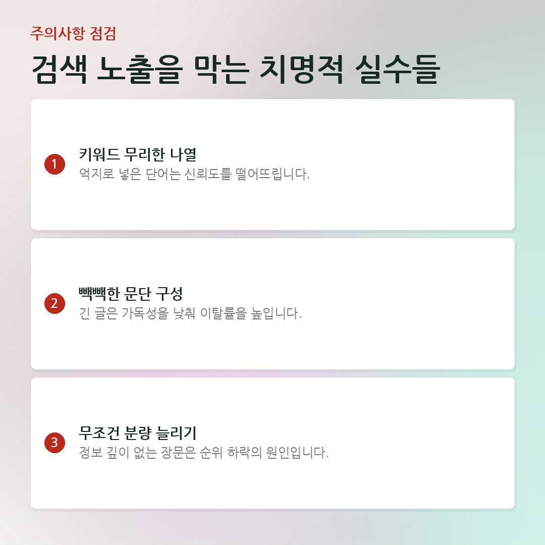 검색 노출을 막는 치명적 실수들 요약 카드
