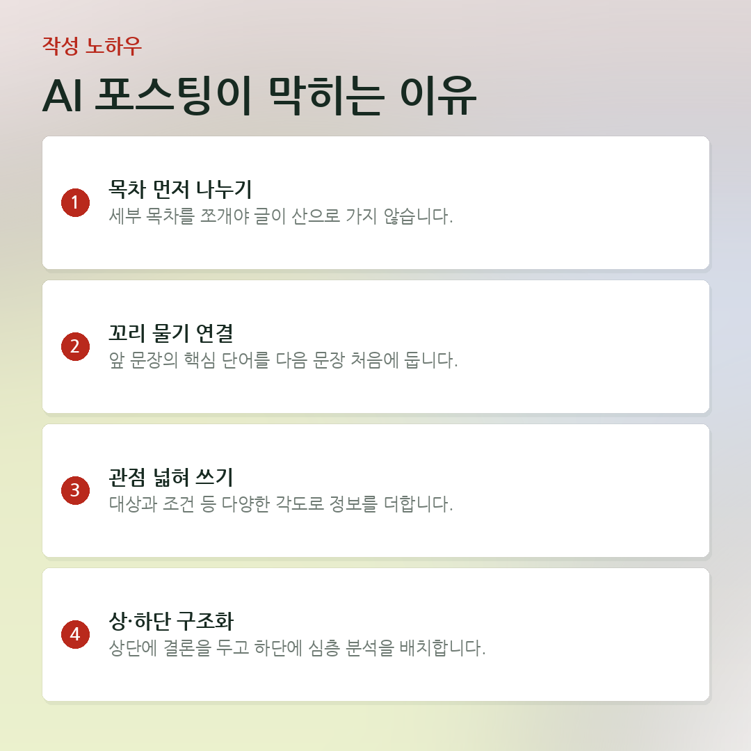 AI 포스팅이 막히는 이유 요약 카드