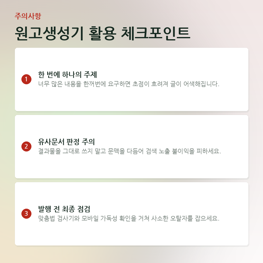 원고생성기 활용 체크포인트 요약 카드