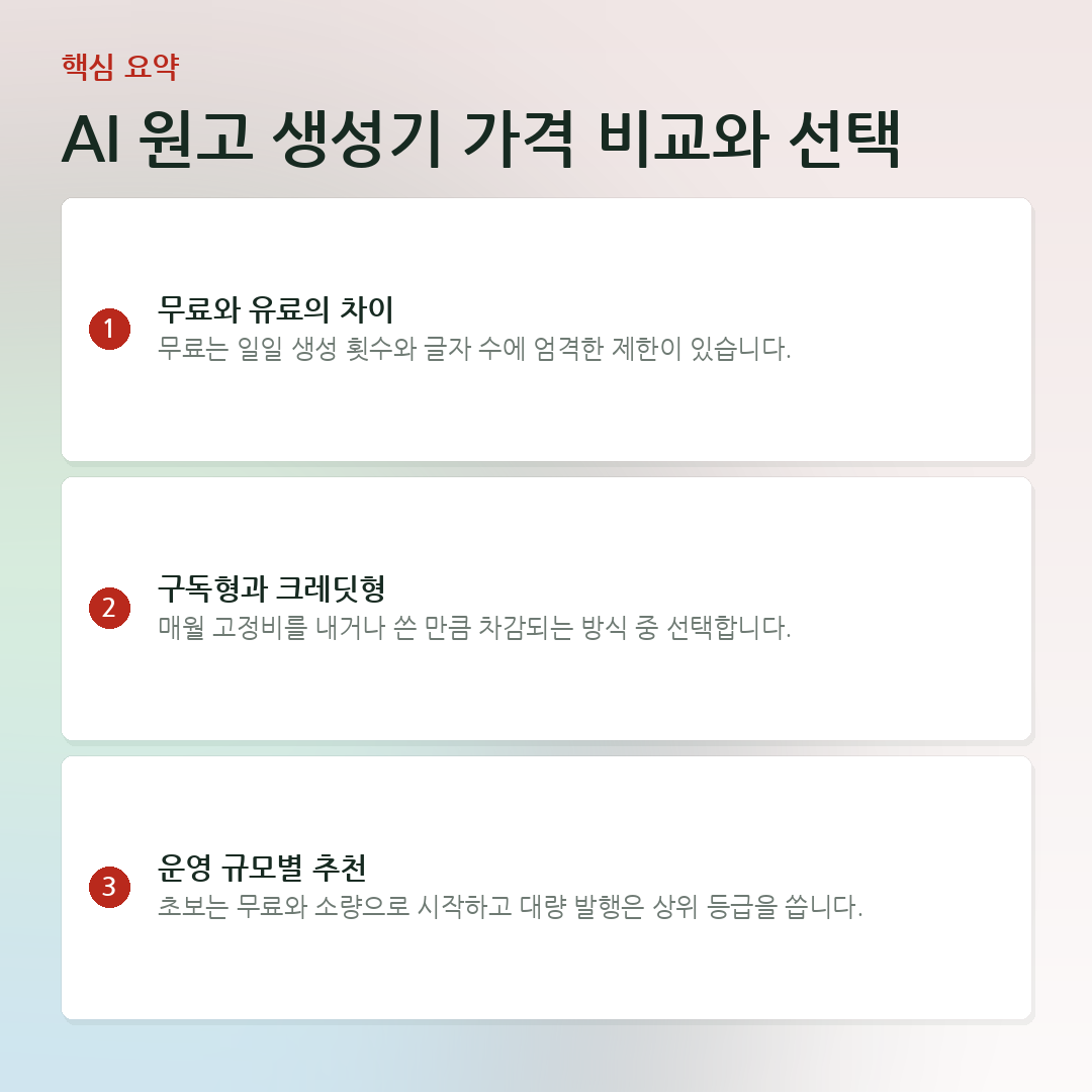 AI 원고 생성기 가격 비교와 선택 요약 카드