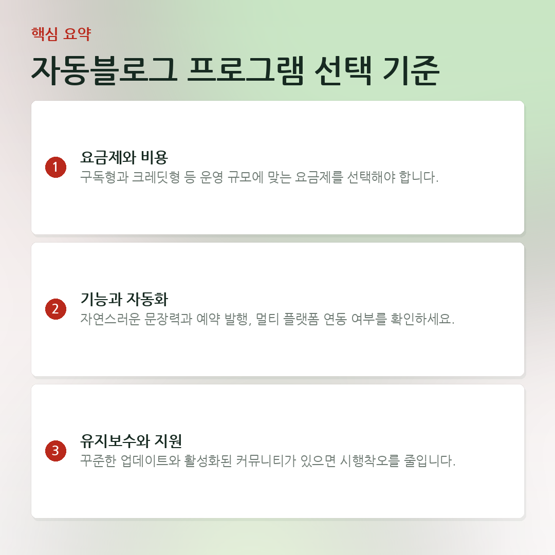 자동블로그 프로그램 선택 기준 요약 카드