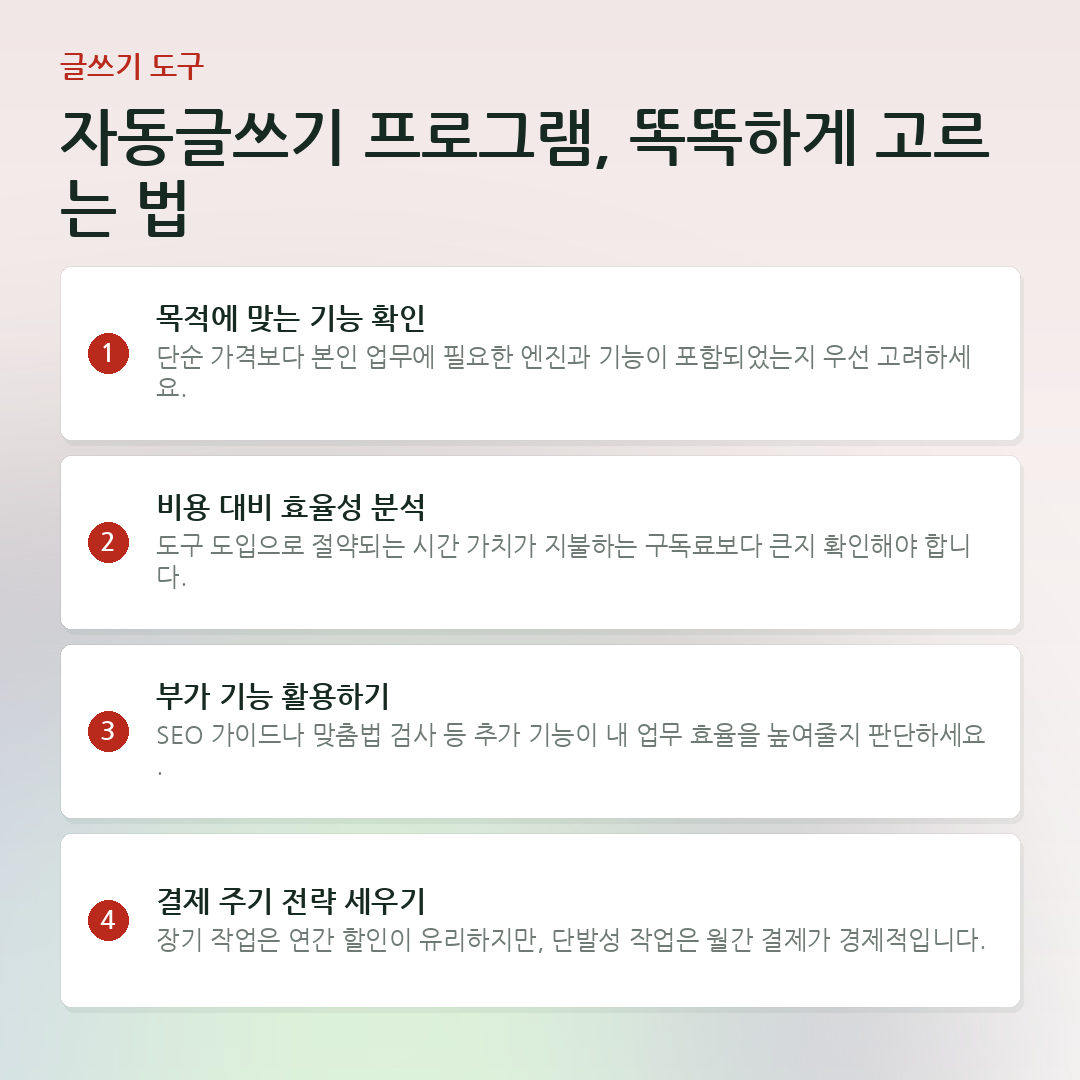 자동글쓰기 프로그램, 똑똑하게 고르는 법 요약 카드
